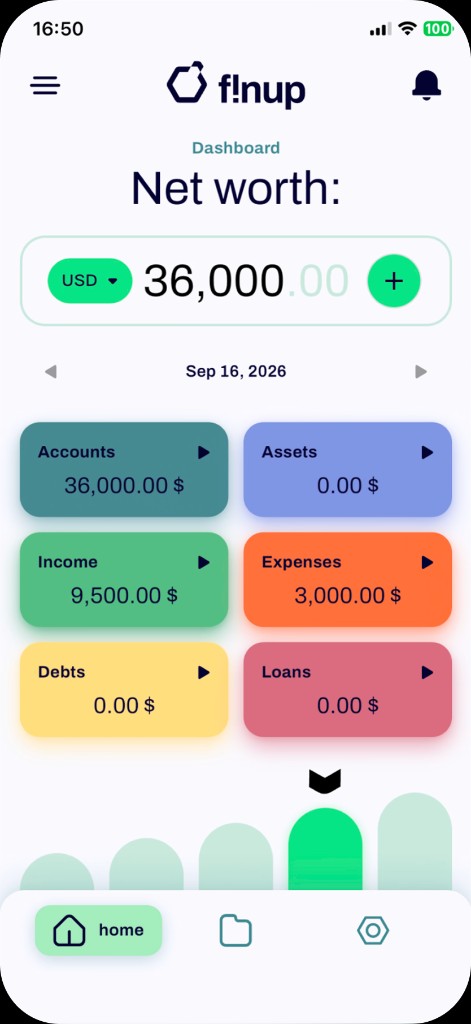 F!nUp dashboard showing net worth, accounts, and cashflow
